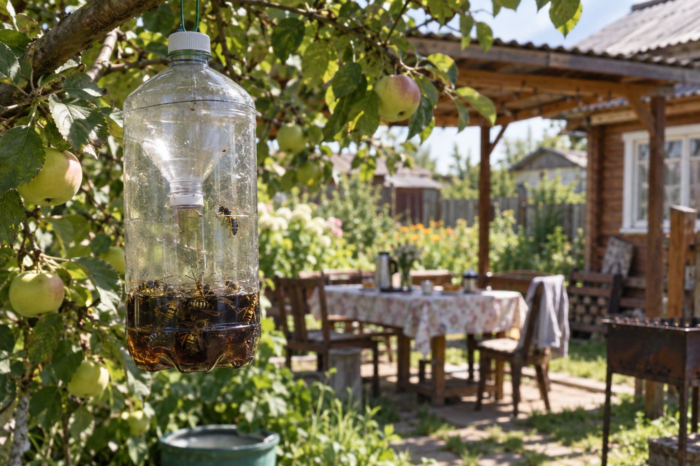 Ловушка для ос из пластиковой бутылки с пивом висит на яблоне вдали от стола